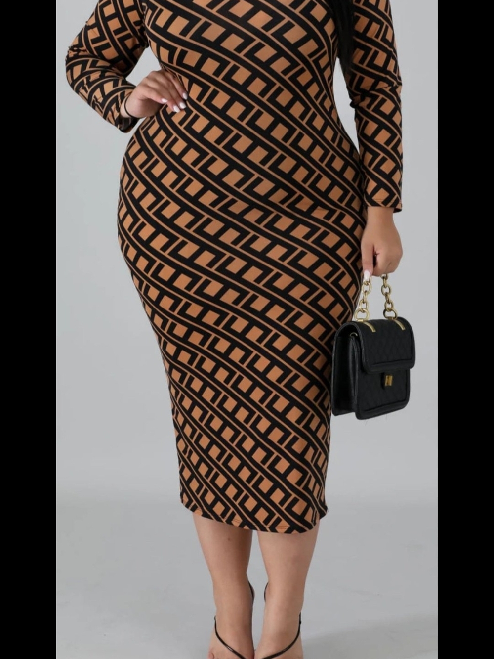 3XL Women's Geometric Bodycon Midi Dress in Tan and Black